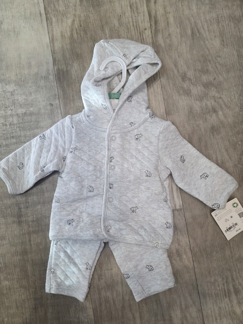 Gray Hooded Baby Set with Bear Print
